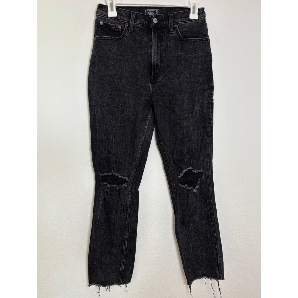 Abercrombie & Fitch Ultra High Rise Mom Jeans Black Distressed Raw Hem 27 4R